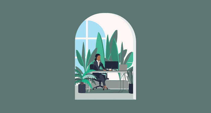 illustration of a person working in an office surrounded by foliage